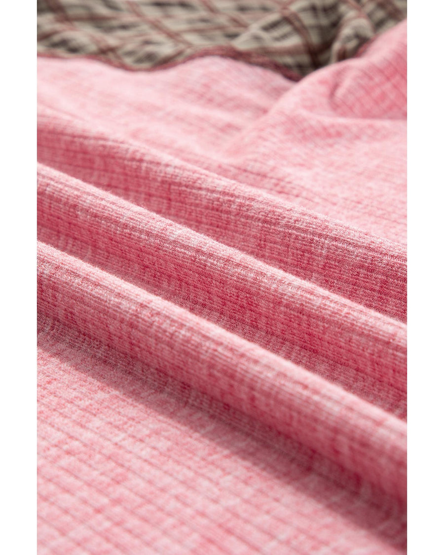 Fushia Mixed Print Raglan Sleeve Ribbed Knit Patchwork Blouse - M