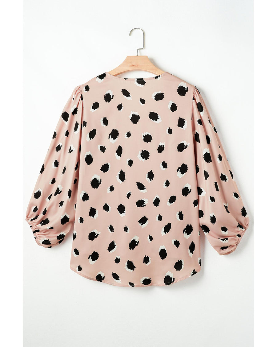 Khaki Classic Leopard V Neck Bracelet Sleeve Blouse - M