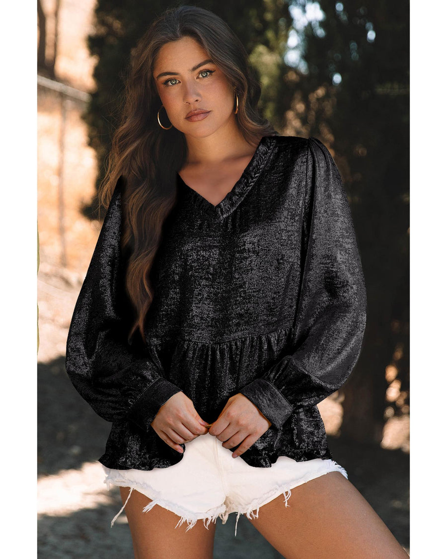 Black Metallic Frilled V Neck Puff Sleeve Babydoll Blouse - M