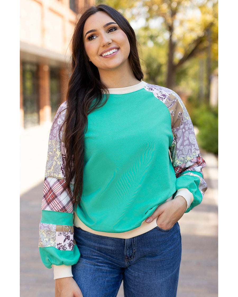 Aruba Blue Plaid Vintage Paisley Patchwork Long Sleeve Raglan Top - L