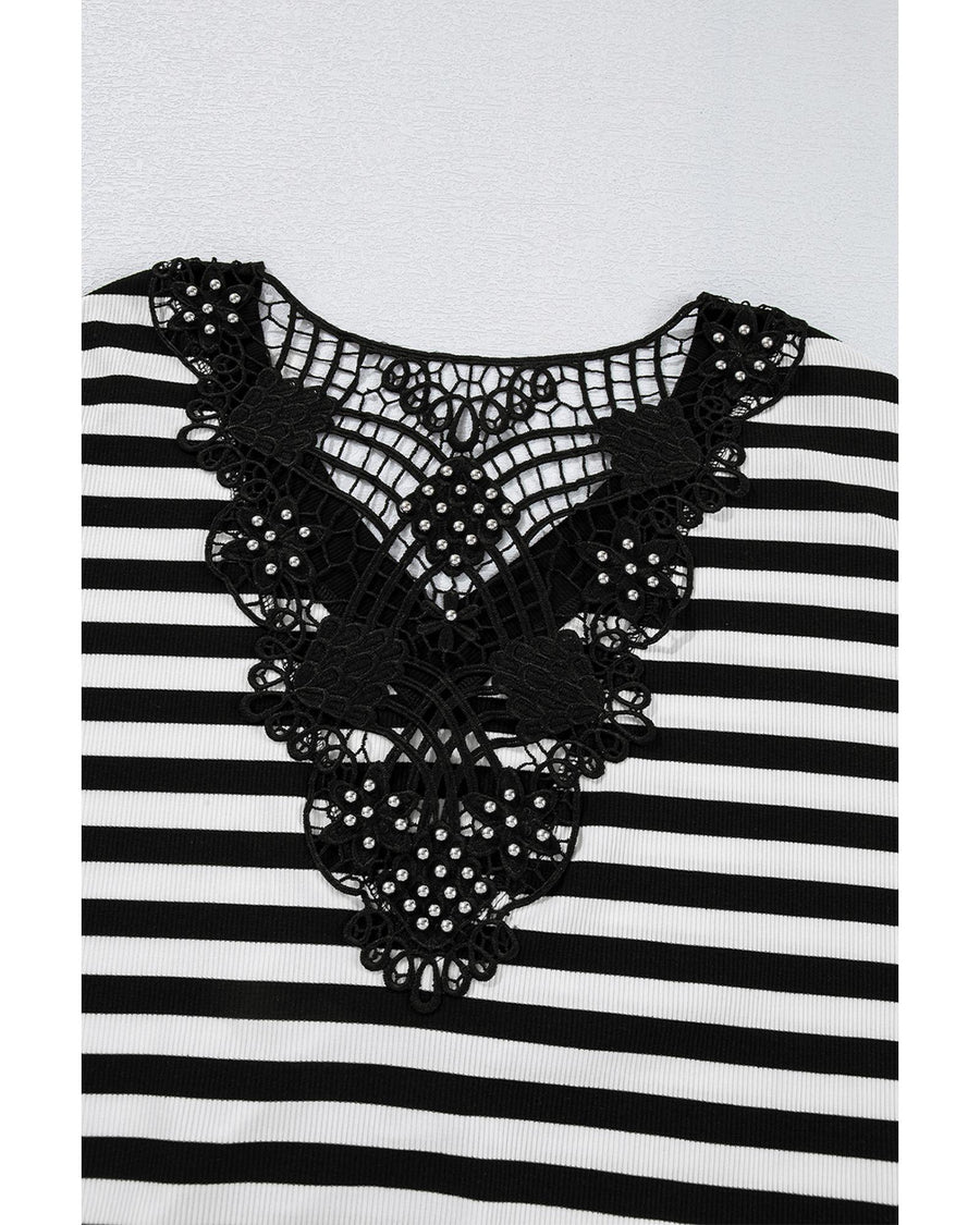Black Stripe Crochet Hollow-out Back Buttoned Shoulder V Neck Top - L