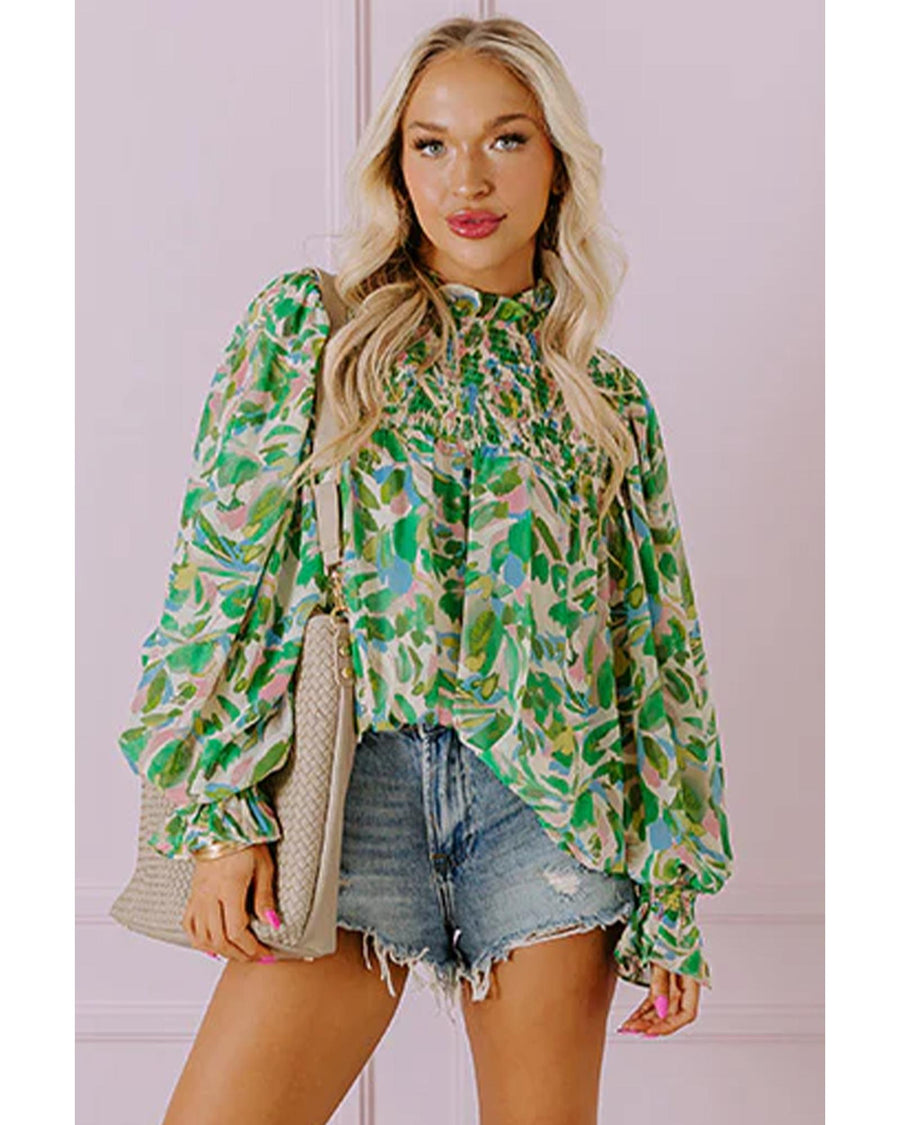 Green Leafy Printed Flounce Sleeve Shirred Mock Neck Blouse - M