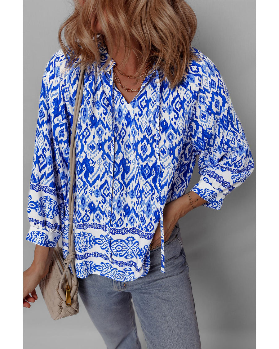Blue Boho Printed 3/4 Sleeve Tied Neck Blouse - M
