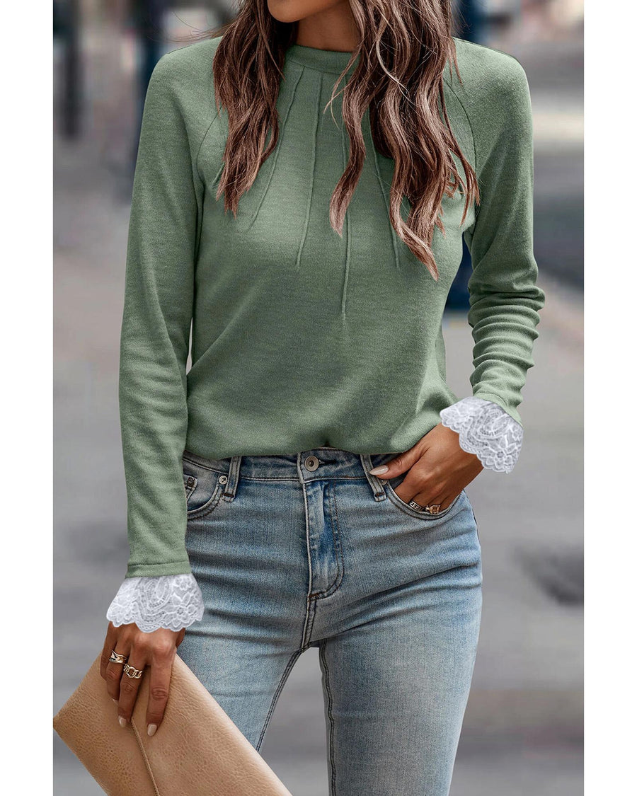 Grass Green Seam Detail Lace Contrast Cuffs Raglan Sleeve Top - S