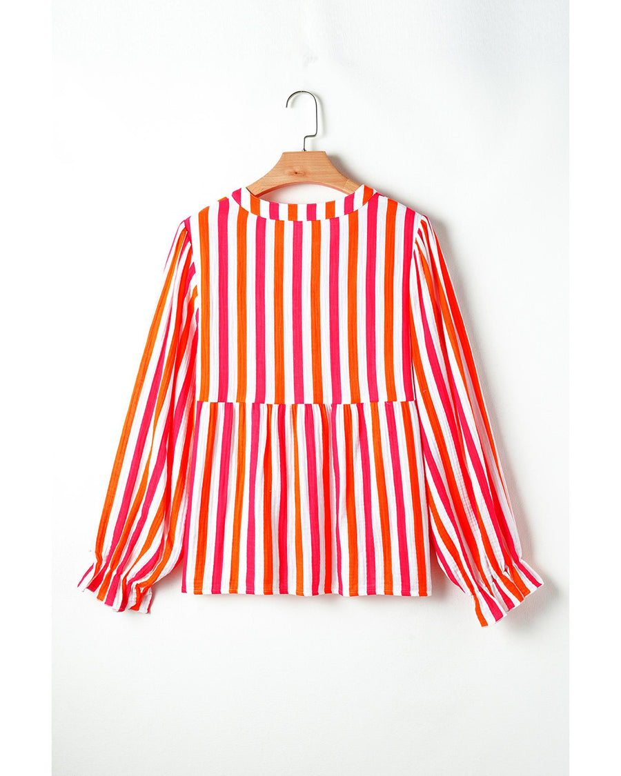 Orange Stripe Balloon Sleeve Notched V Neck Buttoned Front Blouse - M