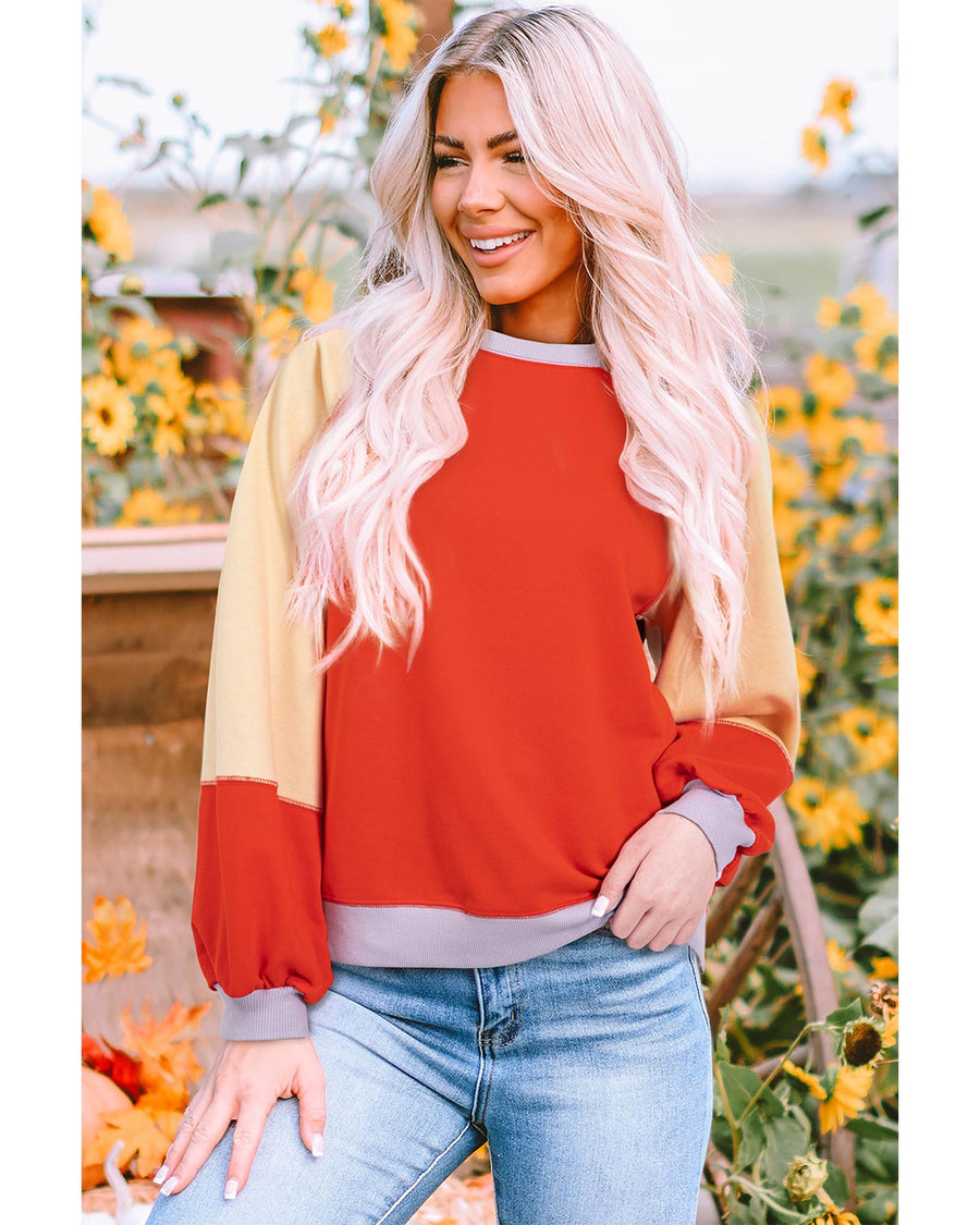 Orange Color Block Side Slits Raglan Sleeve Loose Fit Top - 2XL