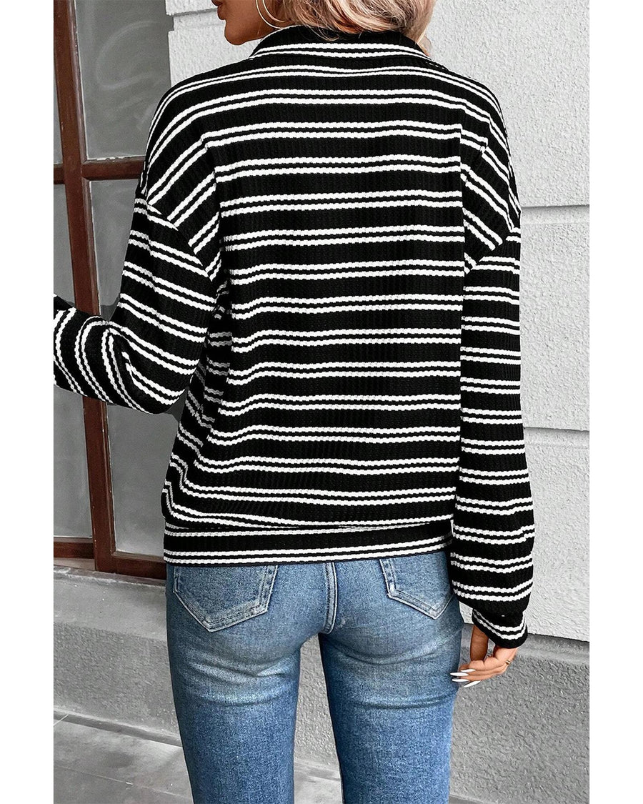 Black Stripe Textured Quarter Zip Collar Long Sleeve Top - L