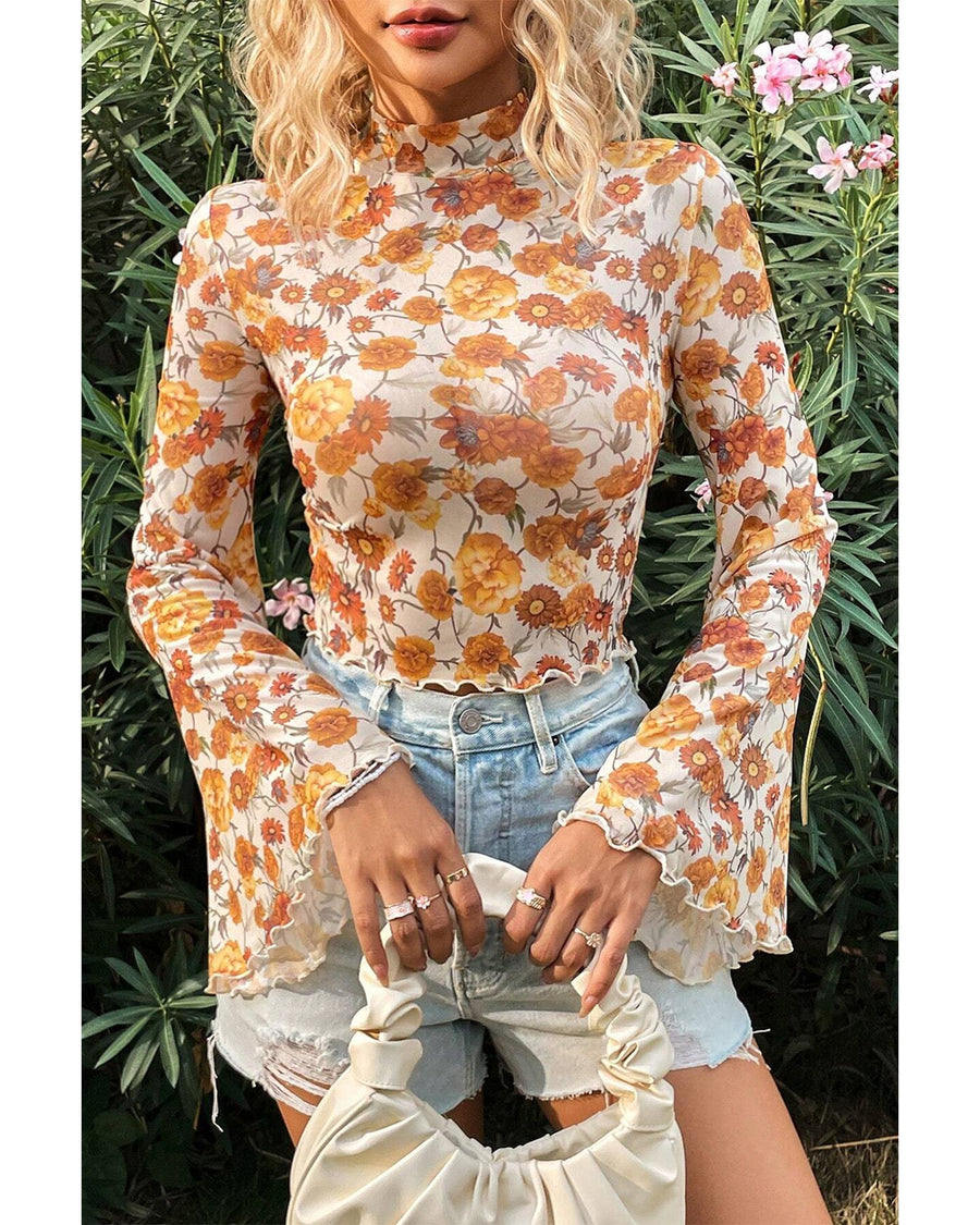 Orange Floral Printed Bell Sleeve Mock Neck Scallop Trim Blouse - L
