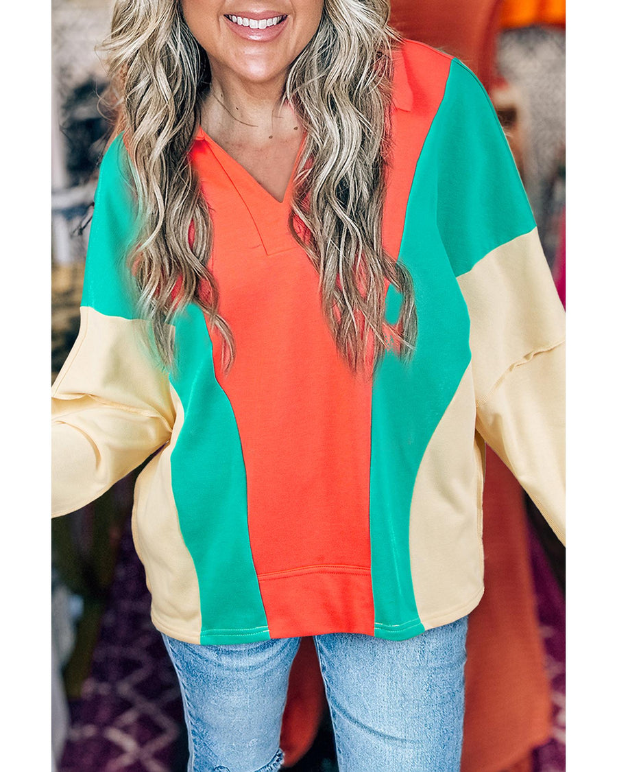 Grapefruit Orange Color Block Patchwork Collared V Neck Loose Top - XL