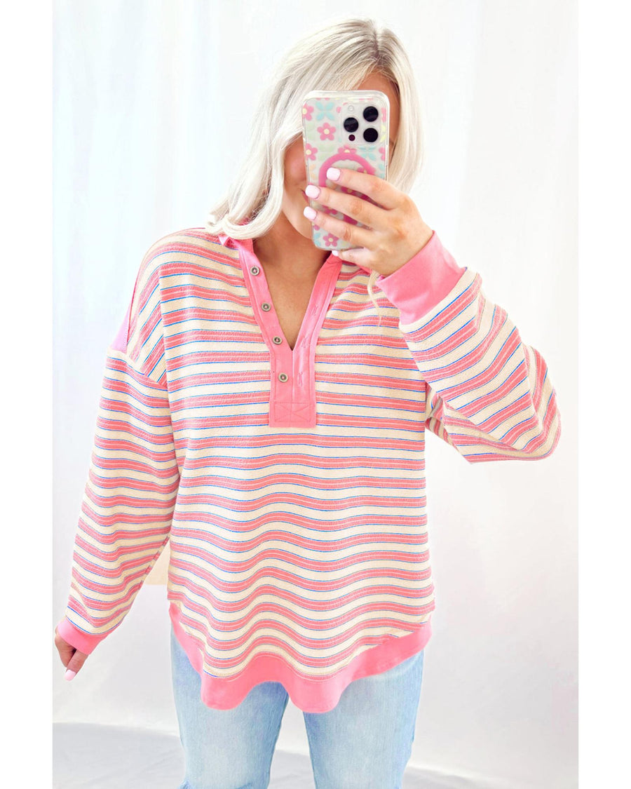 Pink Stripe Buttoned V Neck Collared Drop Shoulder Top - XL