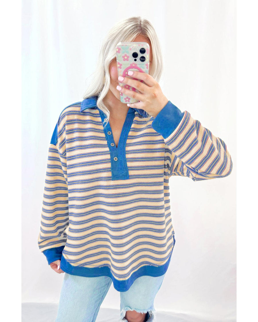 Blue Stripe Buttoned V Neck Collared Drop Shoulder Top - 2XL