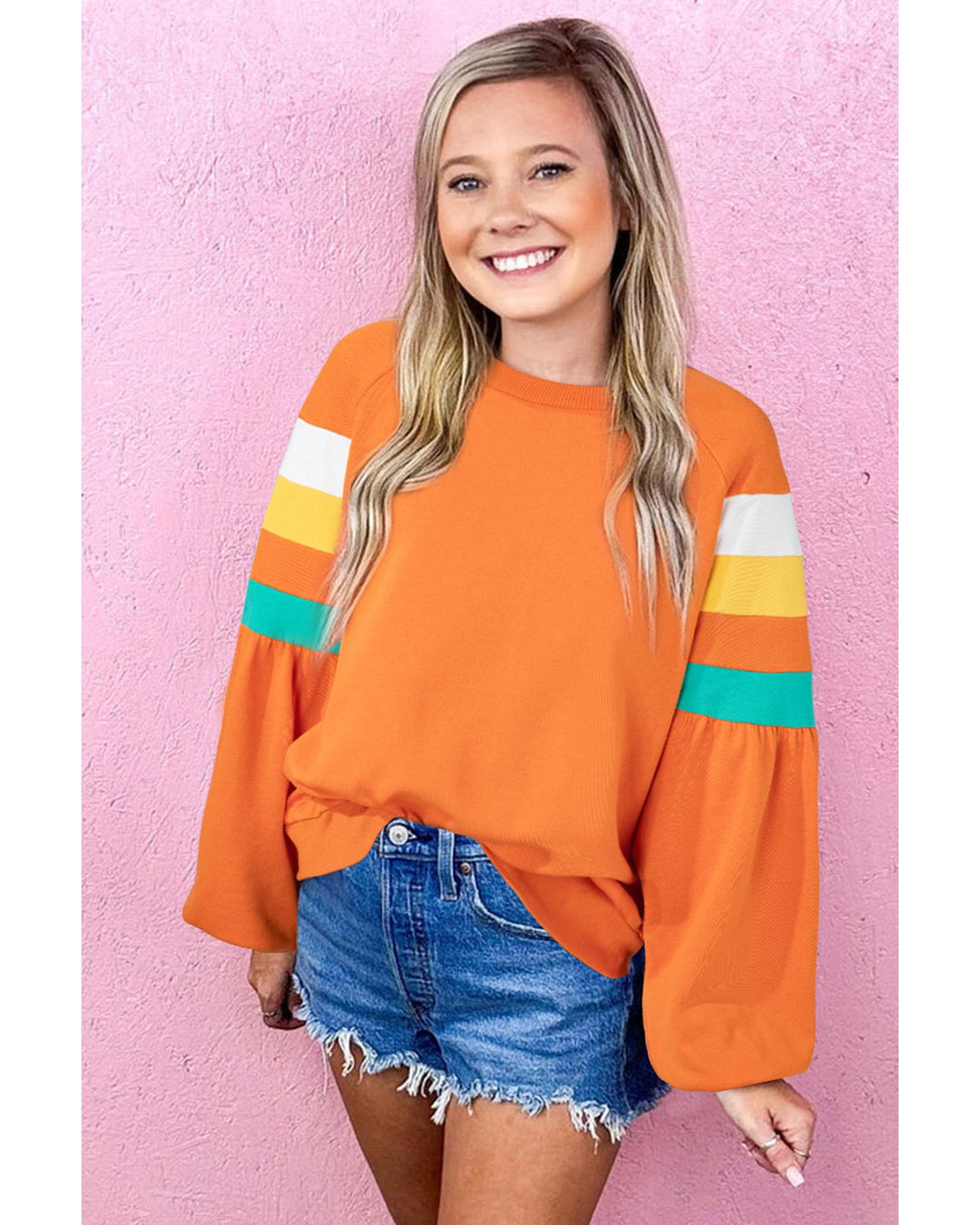 Flamingo Color Block Sleeve Exposed Seam Raglan Sweatshirt - M