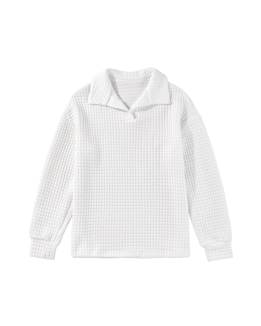 White Quilted Texture Sporty Collared Long Sleeve Top - M