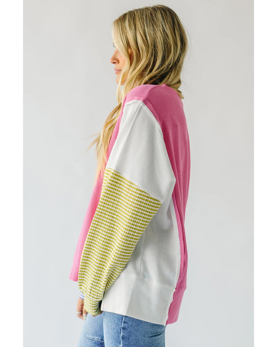Sachet Pink Exposed Seam Striped Color Block Patchwork Long Sleeve Top - S