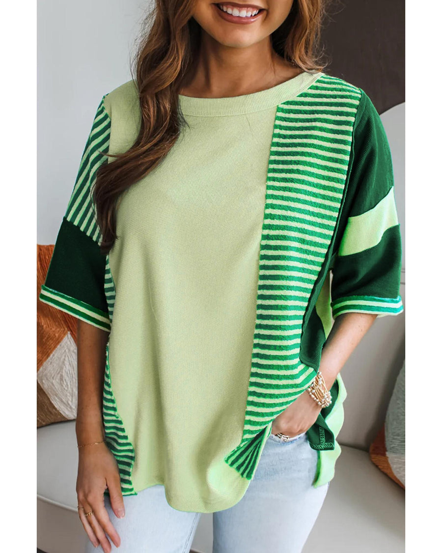 Mint Green Striped Patchwork Textured Colorblock 3/4 Sleeve Knit Top - S