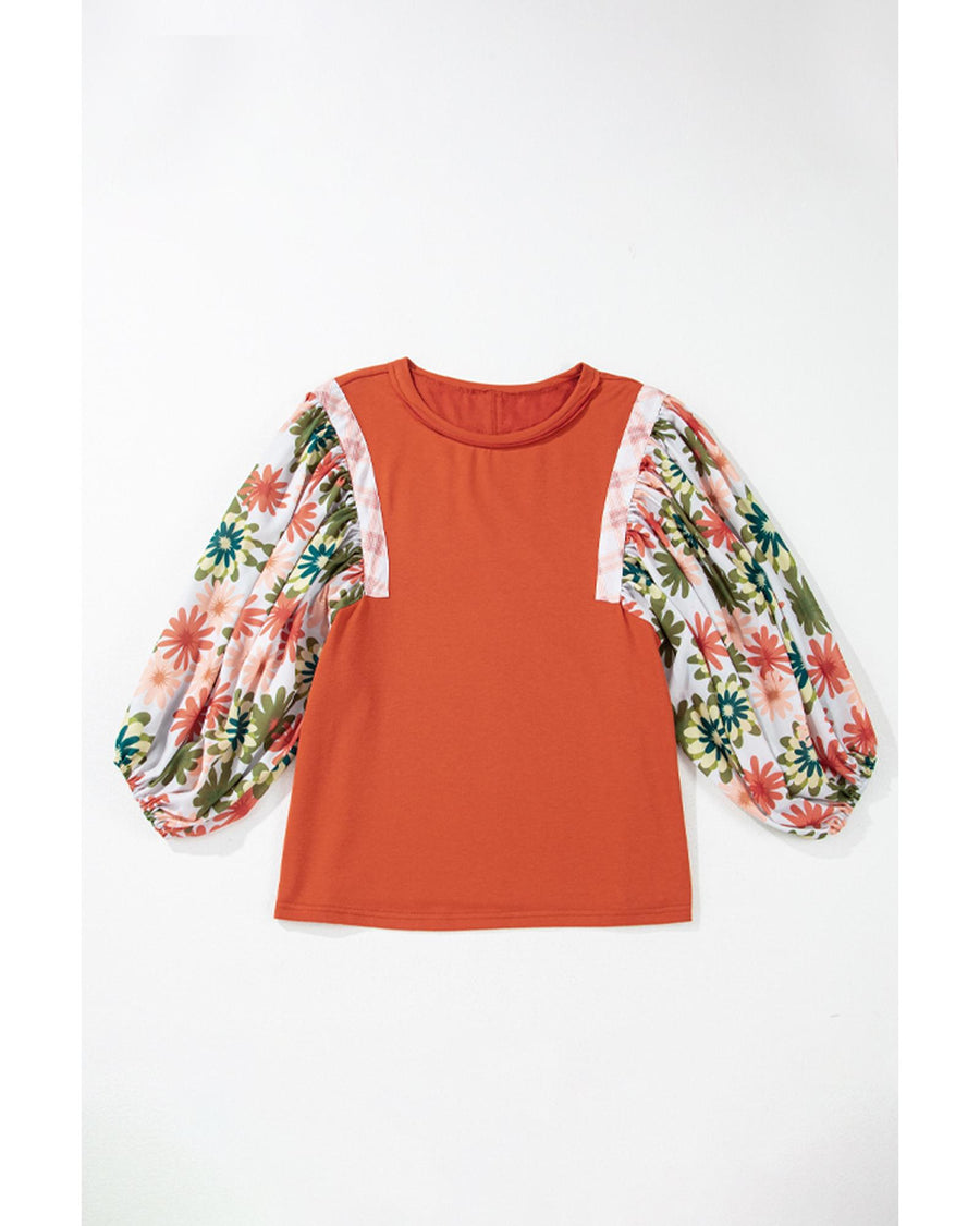 Desert Gold Floral Puff Sleeve Patchwork Round Neck Blouse - M
