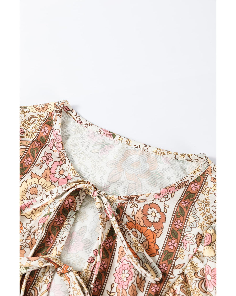 Yellow Floral Print Tie Neck Lantern Sleeve Blouse - XL