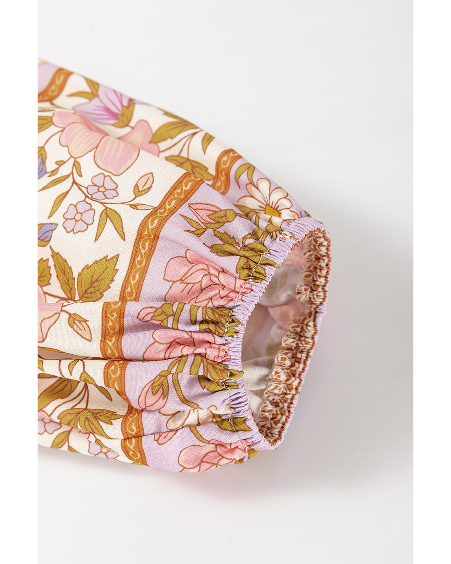 Multicolour Boho Floral Mixed Print Puff Sleeve Shirt - S