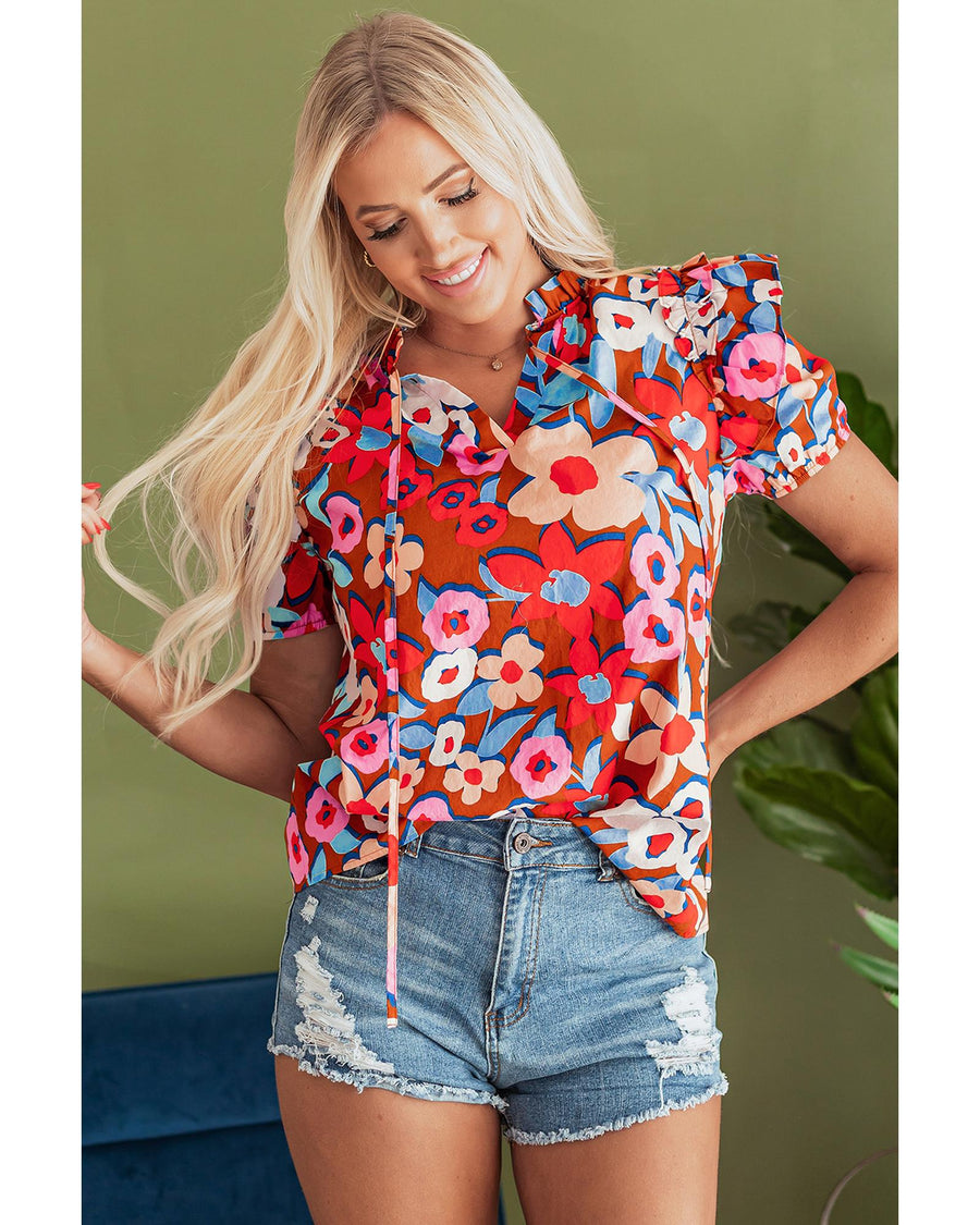 Brown Flower Print Self Tie Frilled Collar Puff Sleeve Blouse - L