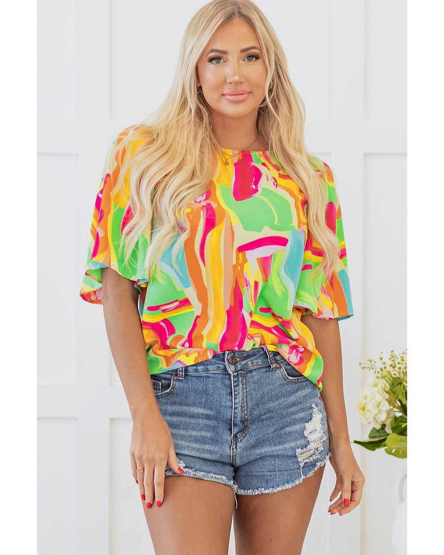 Multicolour Abstract Print Keyhole Back Pleated Half Sleeve Blouse - L