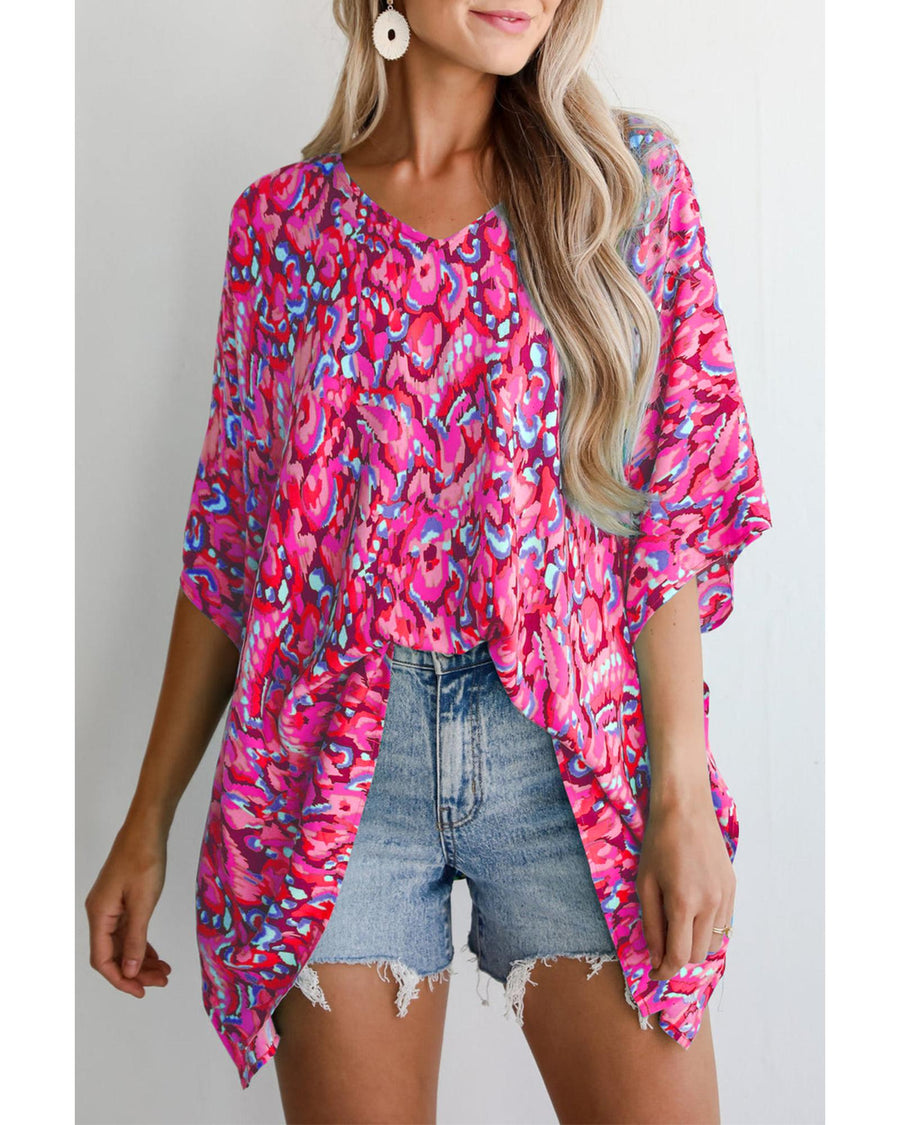 Pink Abstract Print V Neck Half Sleeve Loose Fit Tunic Blouse - XL