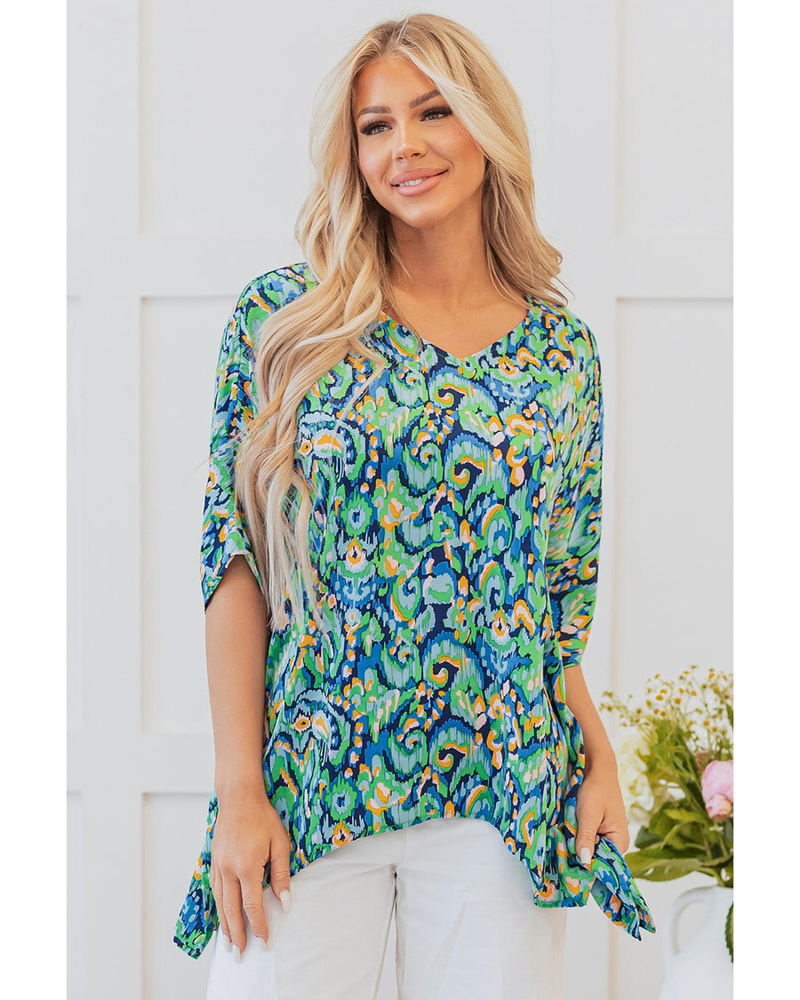 Green Abstract Print V Neck Half Sleeve Loose Fit Tunic Blouse - L
