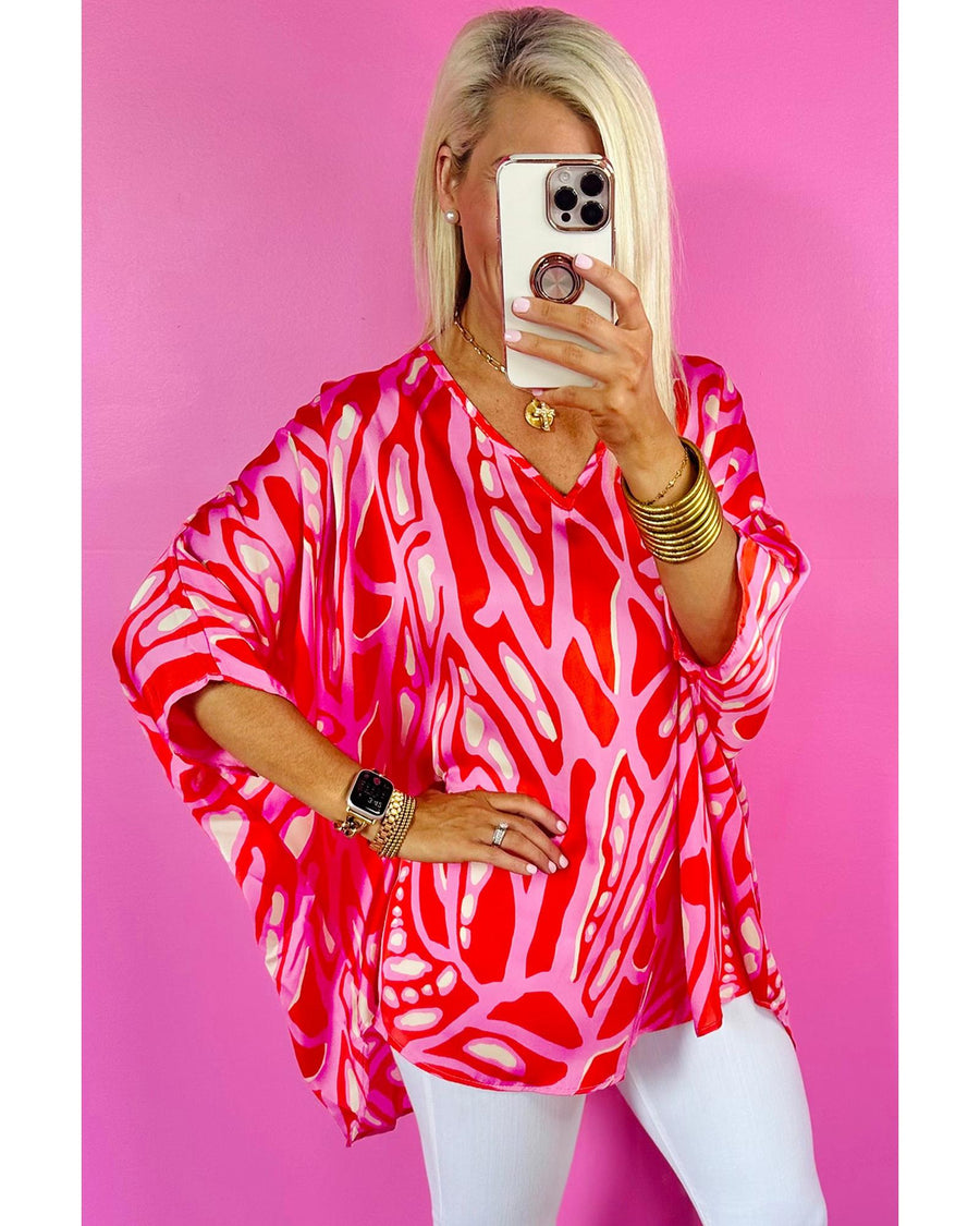 Red Abstract Print V Neck Batwing Sleeve Oversized Blouse - L