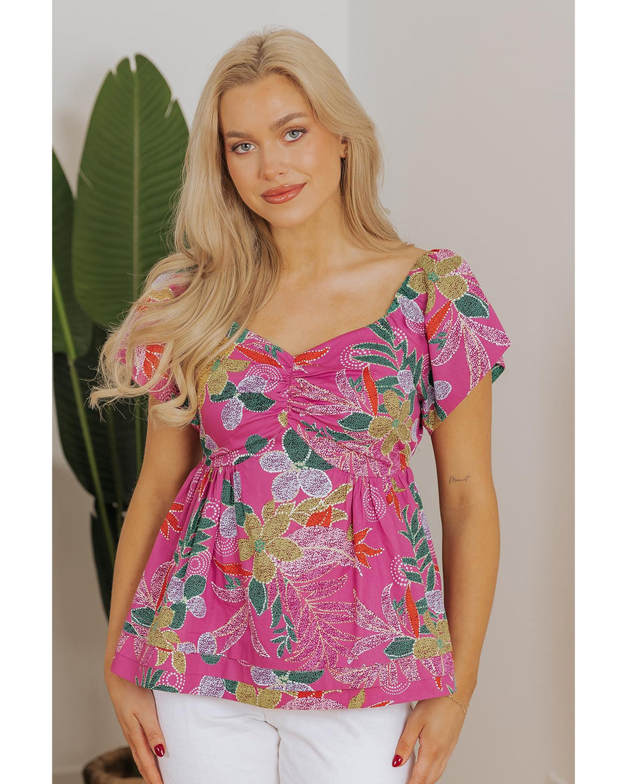 Purple Floral Print Sweetheart Neck Flutter Sleeve Blouse - L