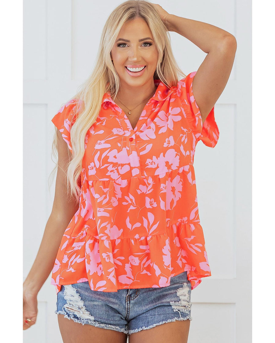 Orange Floral Print Collared Button Neckline Flutter Sleeve Blouse - L
