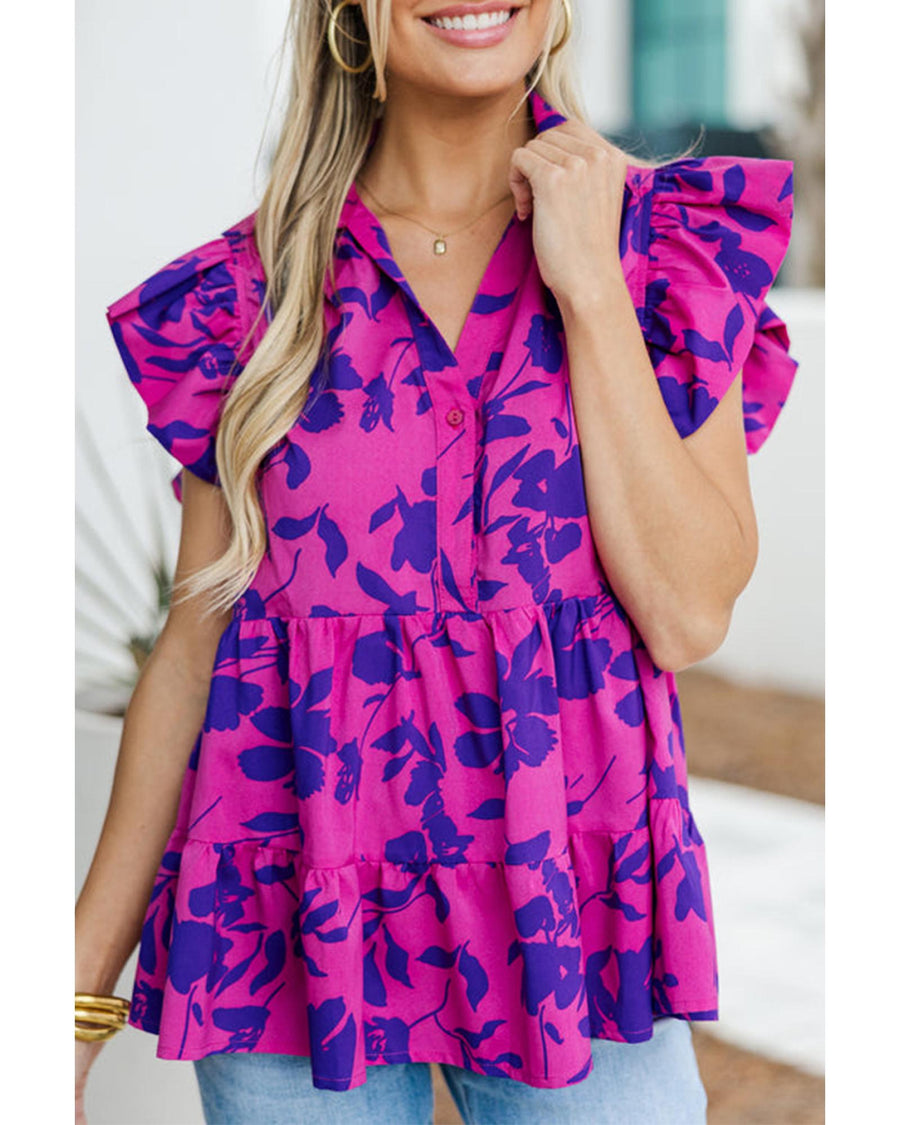 Rose Floral Print Collared Button Neckline Flutter Sleeve Blouse - L