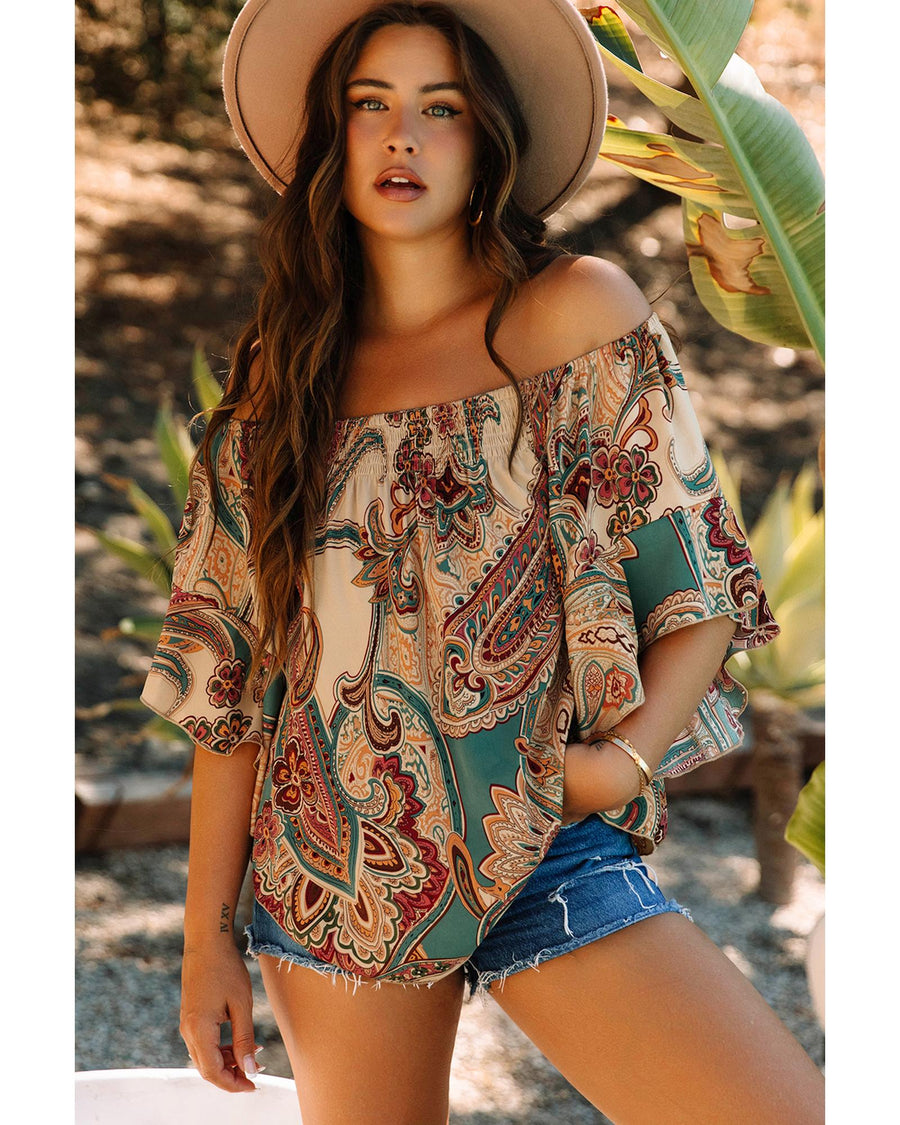Apricot Paisley Printed Shirred Off Shoulder Ruffled Draped Sleeve Blouse - M