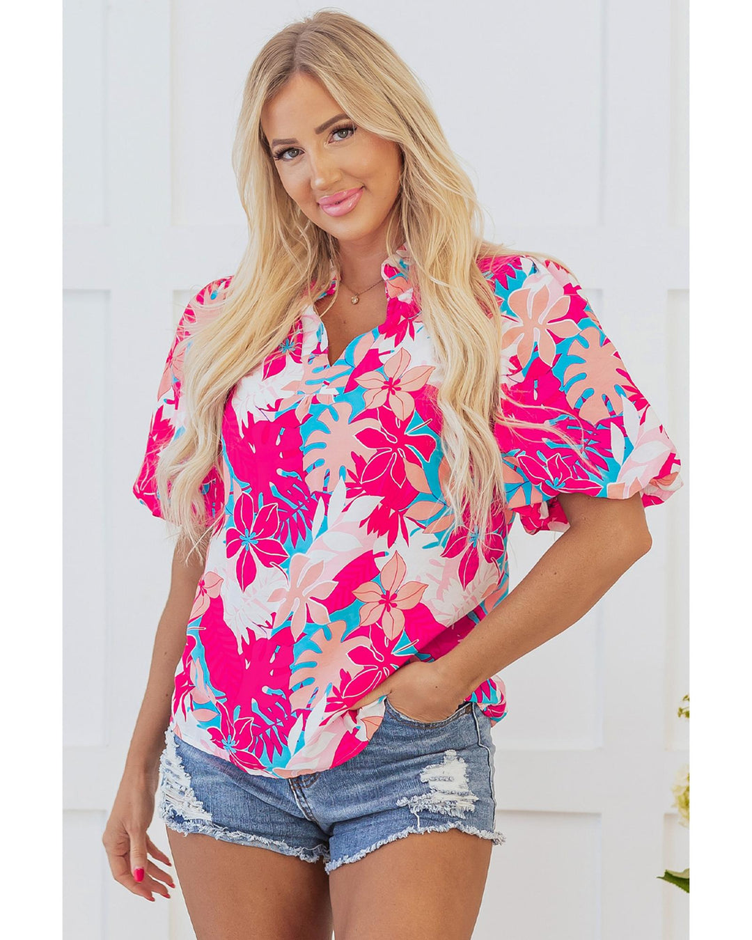 Rose Tropical Plant Printed V Neck Puff Sleeve Blouse - L