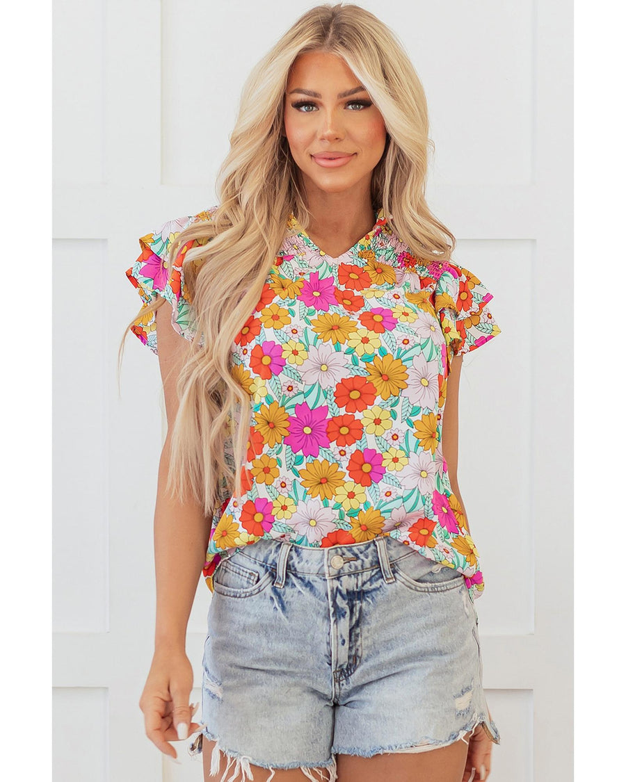 Yellow Floral Print Shirred Tiered Ruffled Sleeve Blouse - XL