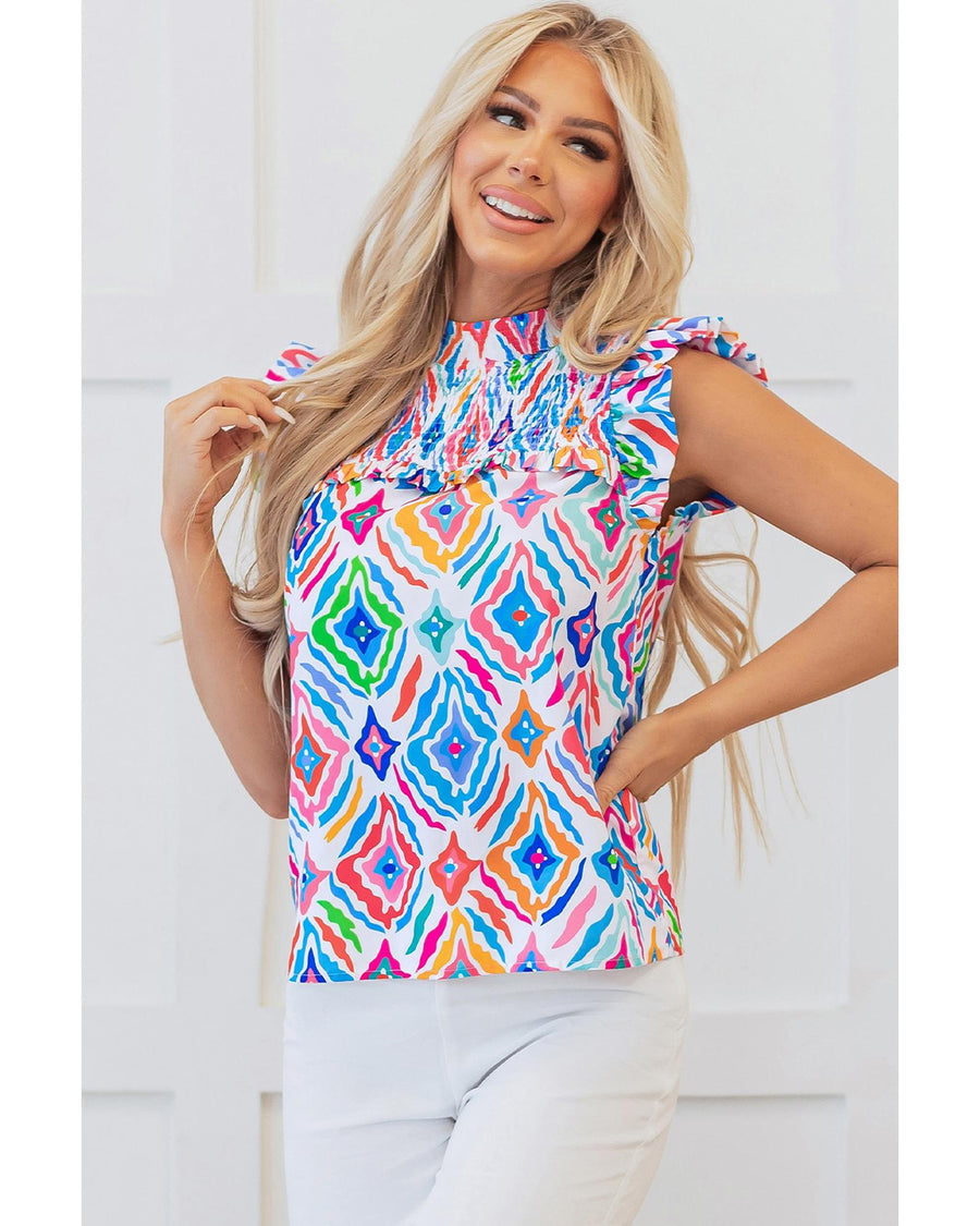 Light Blue Geometric Printed Flutter Sleeve Mock Neck Shirred Blouse - S