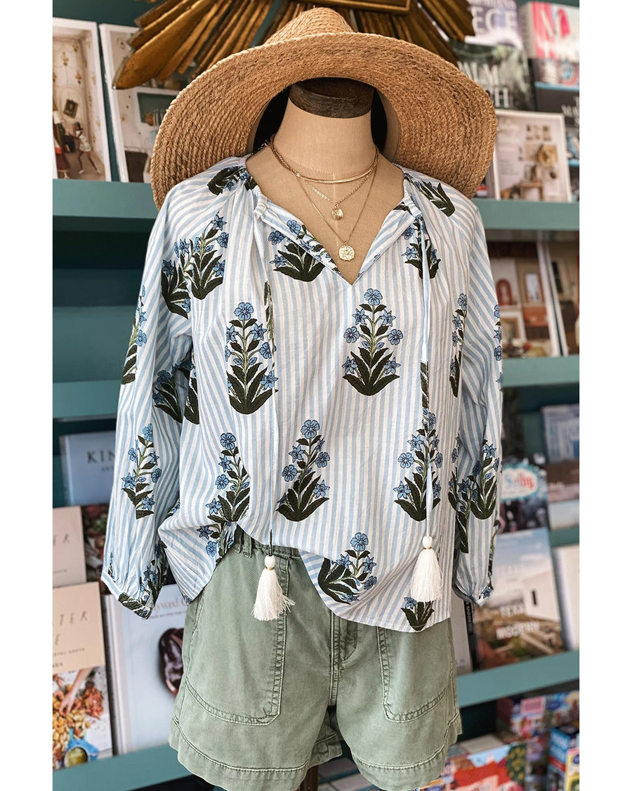 Beau Blue Striped Floral Printed Long Sleeve Tied V Neck Blouse - XL