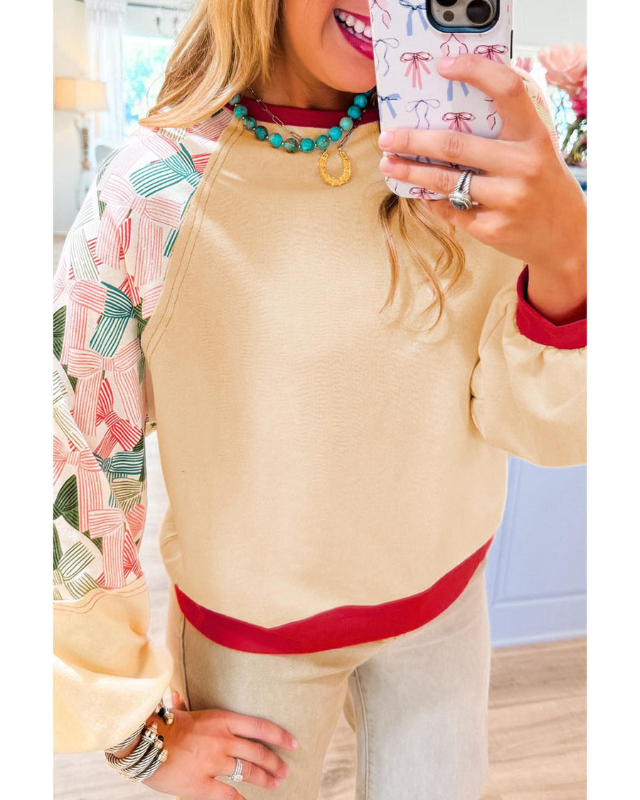 Beige Bowknot Printed Patchwork Raglan Sleeve Colorblock Edge Top - XL