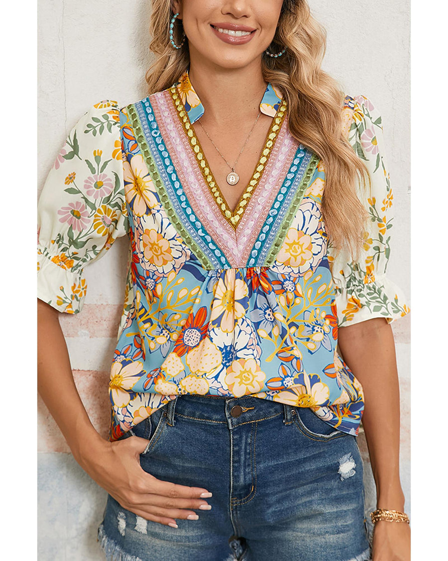 Multicolour Crochet V Neck Half Sleeve Boho Floral Blouse - S