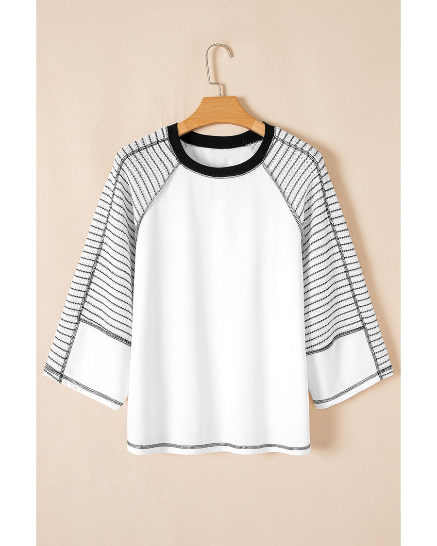 Black Striped Bracelet Sleeve Raglan Patchwork Top - L