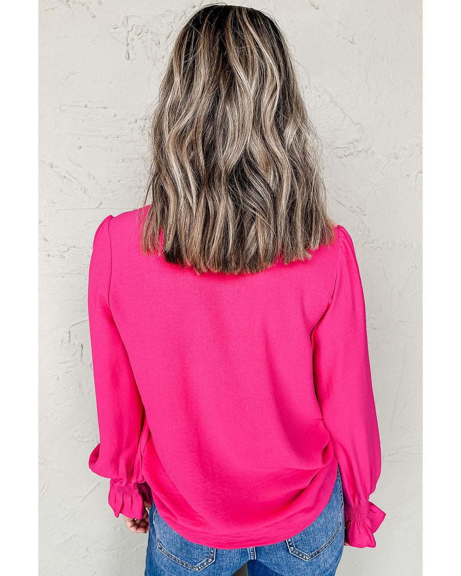 Rose Red Solid Color Shirred Cuff Notch V Neck Blouse - XL