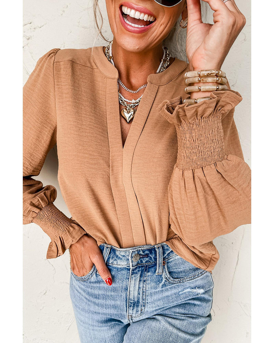 Straw Yellow Solid Color Shirred Cuff Notch V Neck Blouse - XL