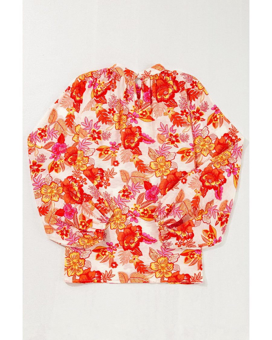 Orange Floral Print Pearl Button Keyhole Long Puff Sleeve Blouse - L