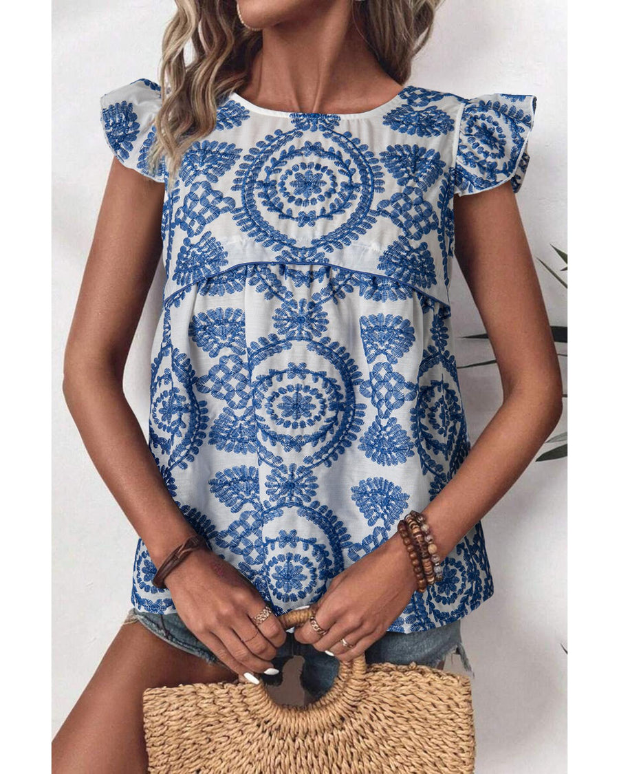 Blue Boho Print Flutter Sleeve Crew Neck Blouse - L