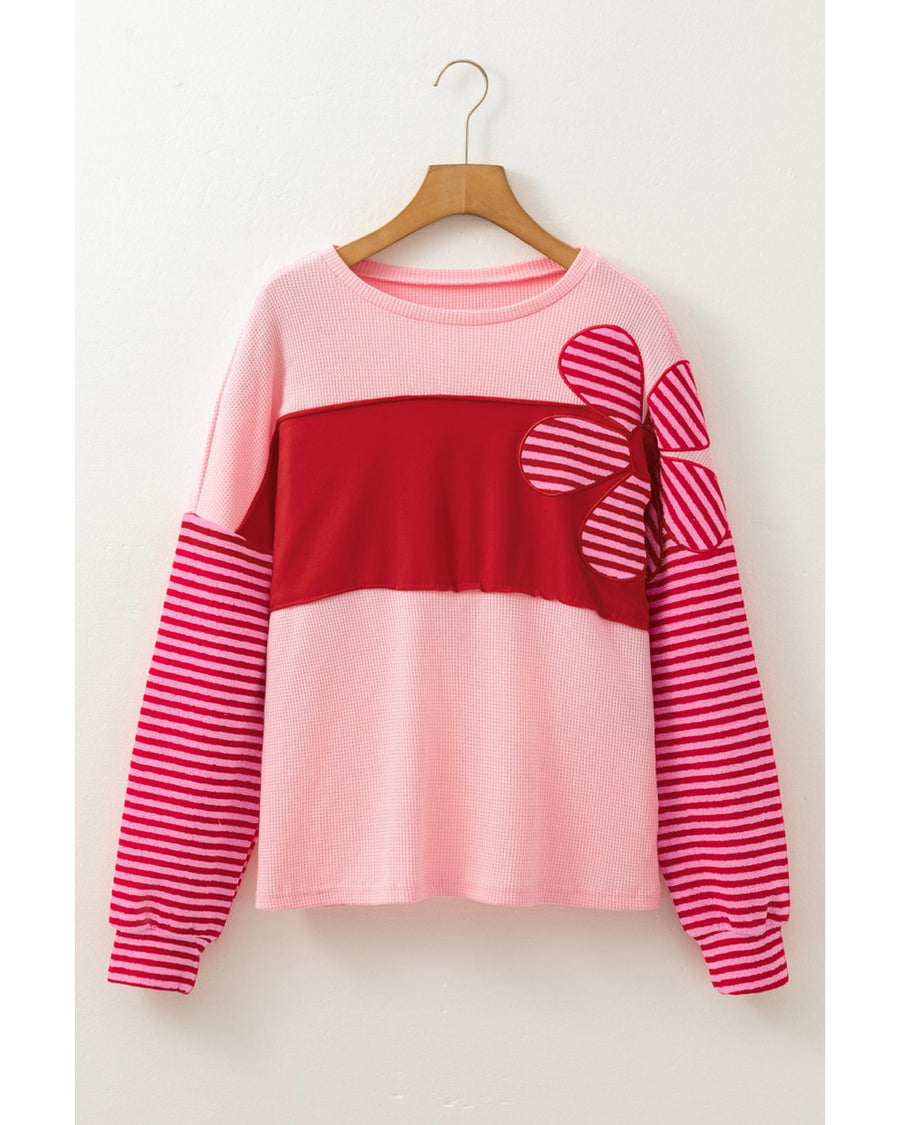Pink Floral Patch Color Block Striped Sleeve Textured Top - M
