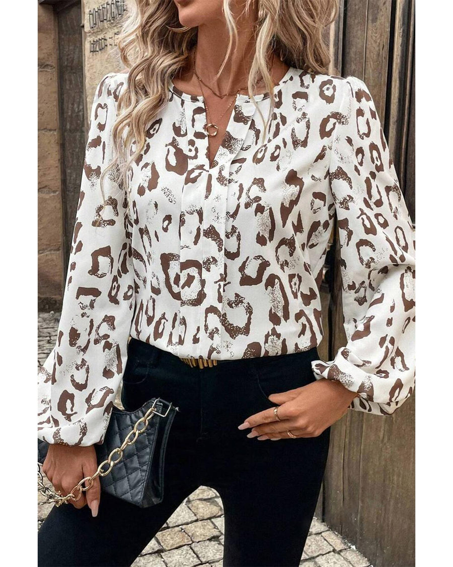 Khaki Leopard Print Split Neck Balloon Sleeve Blouse - L