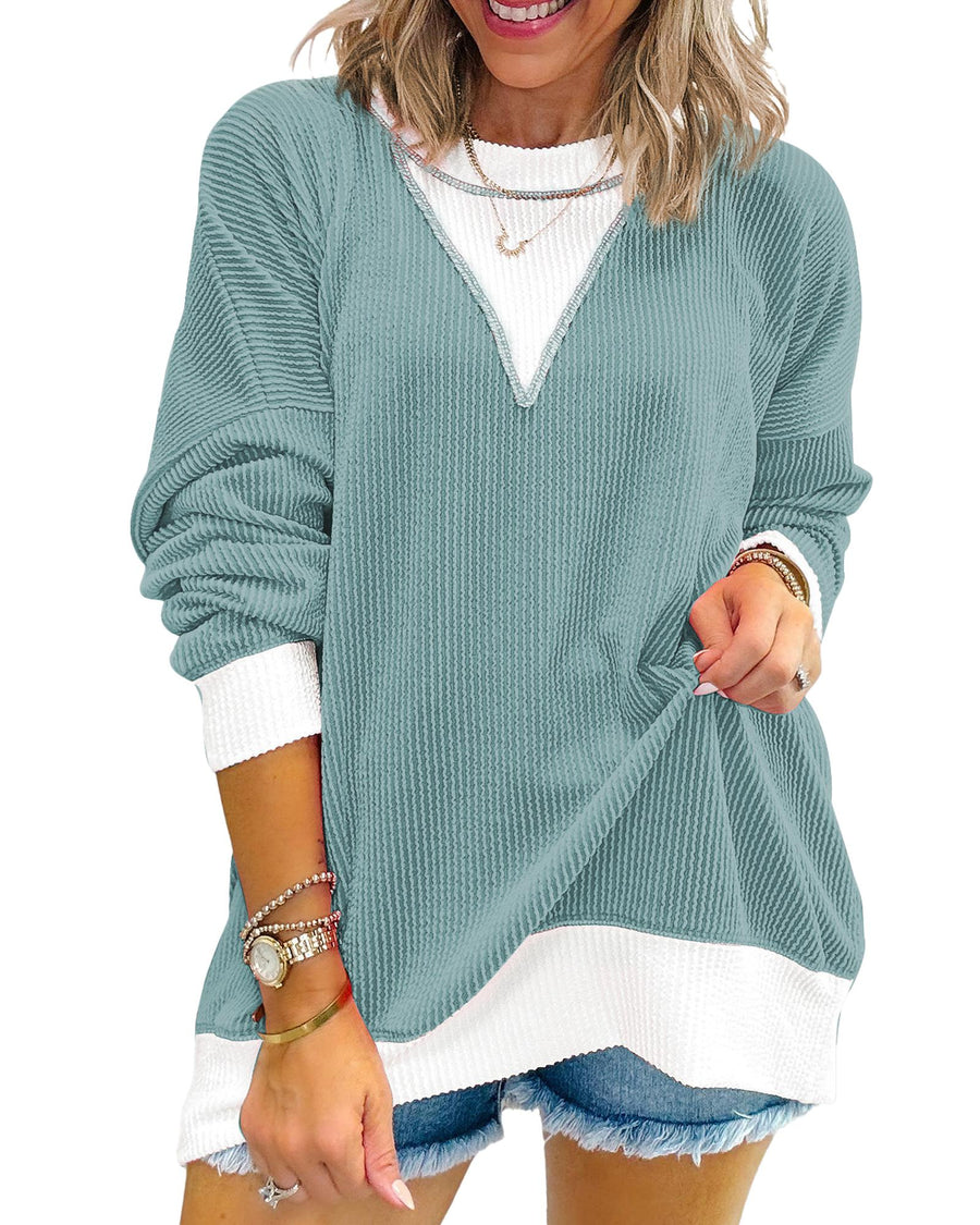 Light Blue Corded Colorblock Drop Shoulder Loose Top - M