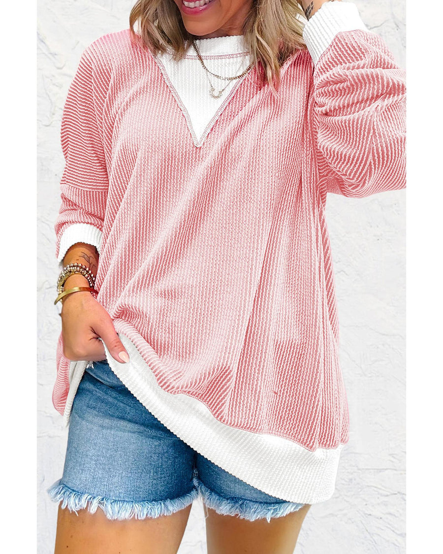 Peach Blossom Corded Colorblock Drop Shoulder Loose Top - M