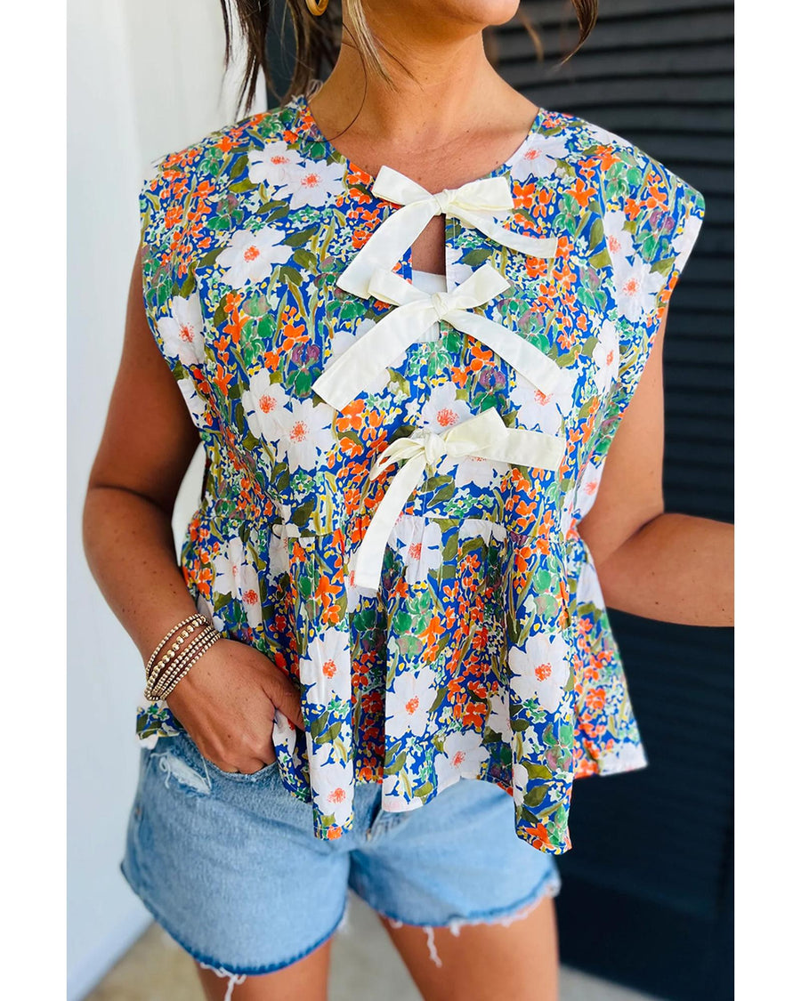 Green Floral Print Bow Applique Slit Sleeveless Peplum Blouse - M