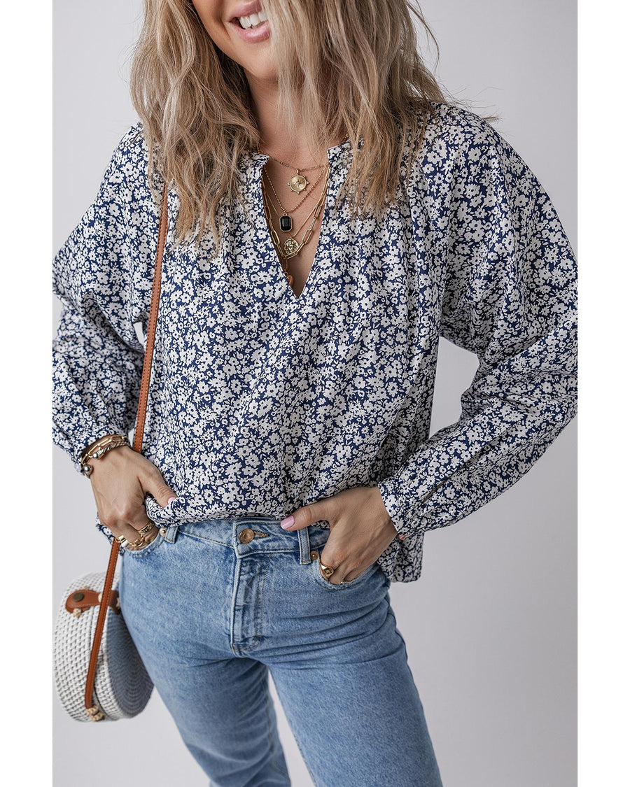 Blue Floral Print Notched V Neck Puff Sleeve Blouse - L