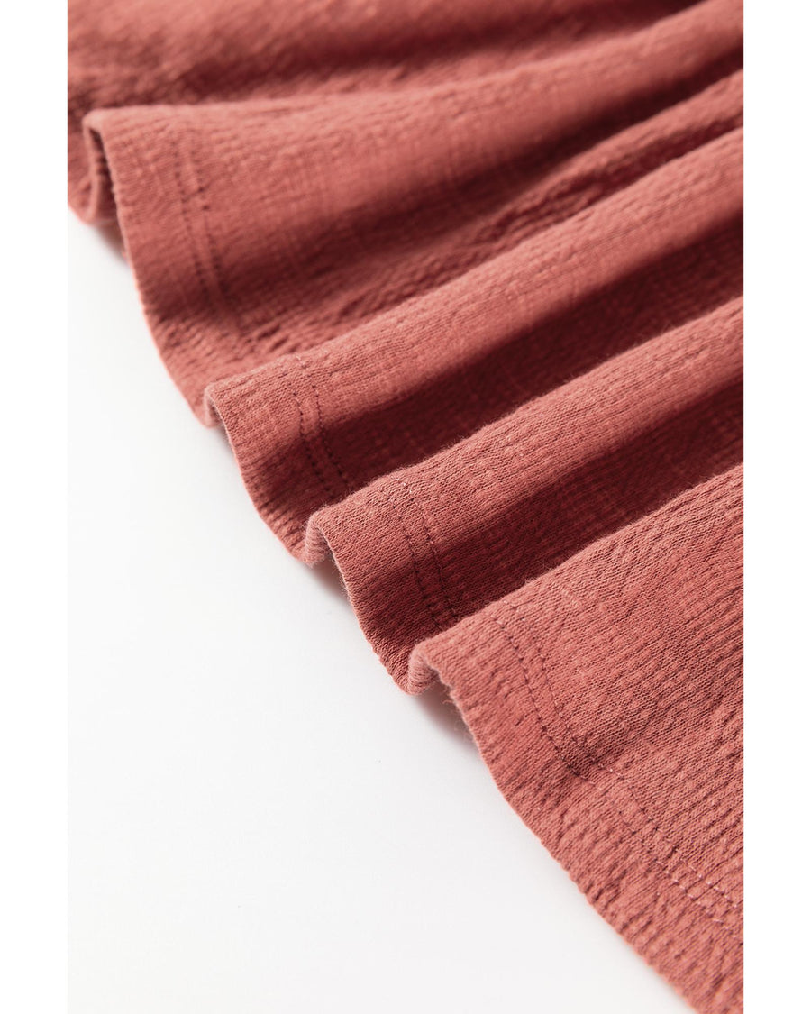 Mineral Red Solid Color Textured Frilled Trim V Neck Puff Sleeve Blouse - M