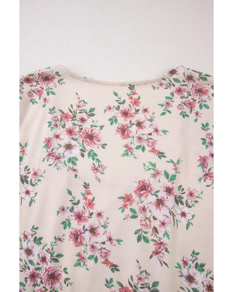 Pink Floral Print Pleated U Neck Loose Fit Blouse - XL